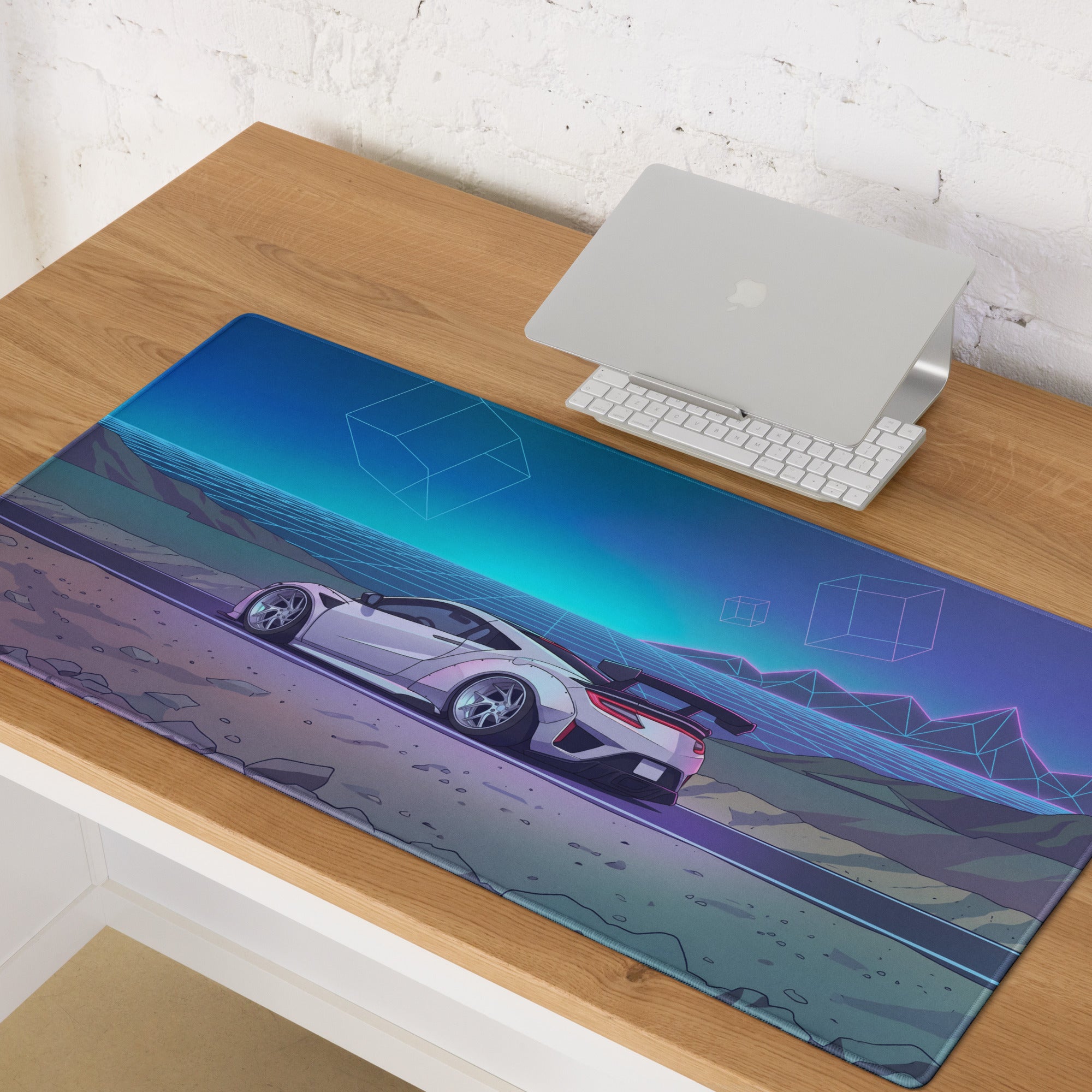 Acura NSX Inspired White Blue Vaporwave Gaming Mouse Pad – Neon Mountain Grid Desk Mat, Futuristic Widebody JDM Sports Car Digital Art