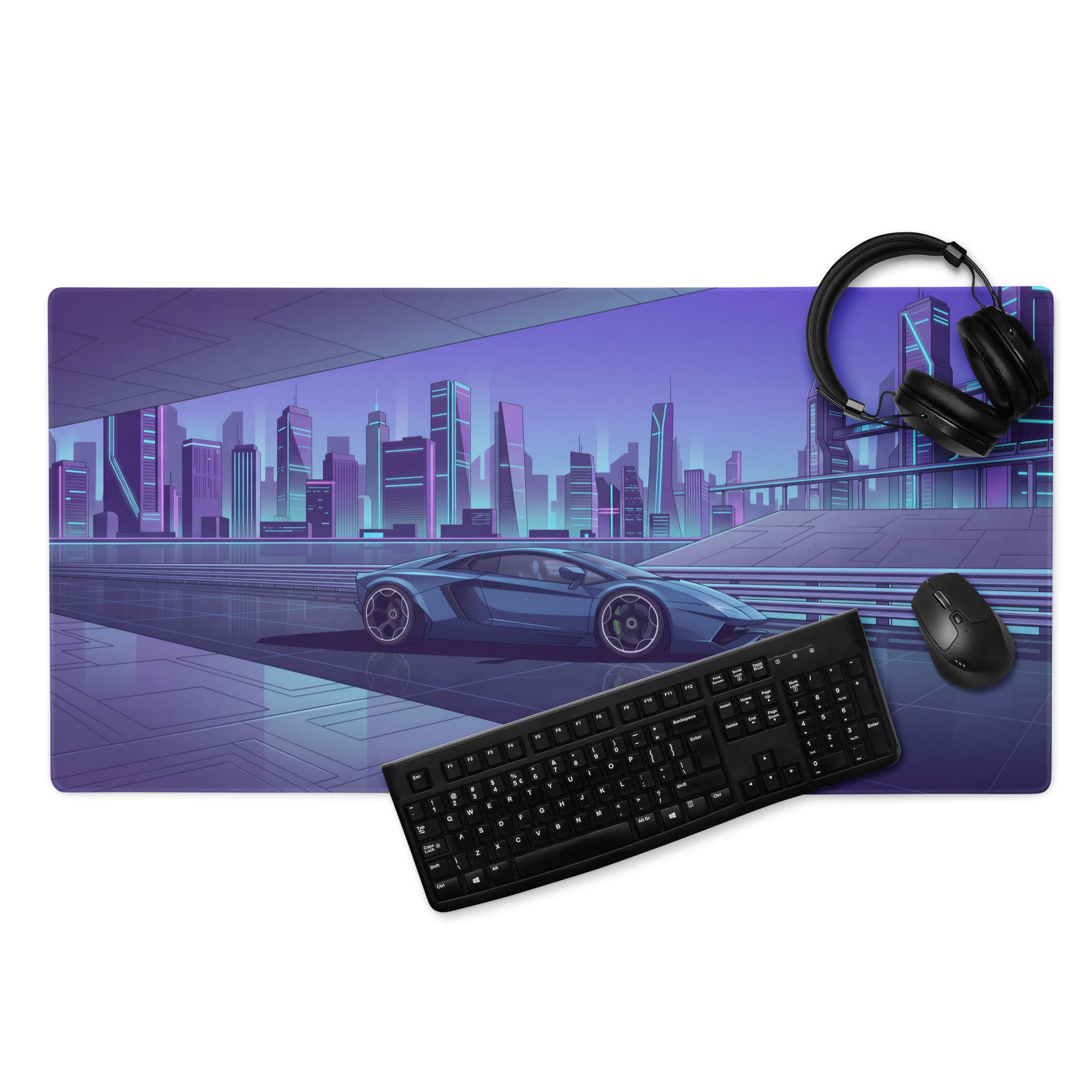 Lamborghini Aventador Inspired Gunmetal Purple Vaporwave Gaming Mouse Pad – Neon Futuristic City Desk Mat, Sleek Cyber Supercar Digital Art