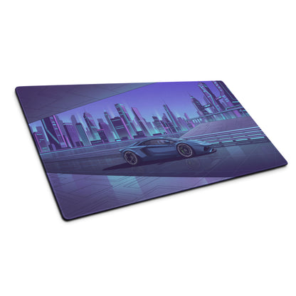Lamborghini Aventador Inspired Gunmetal Purple Vaporwave Gaming Mouse Pad – Neon Futuristic City Desk Mat, Sleek Cyber Supercar Digital Art