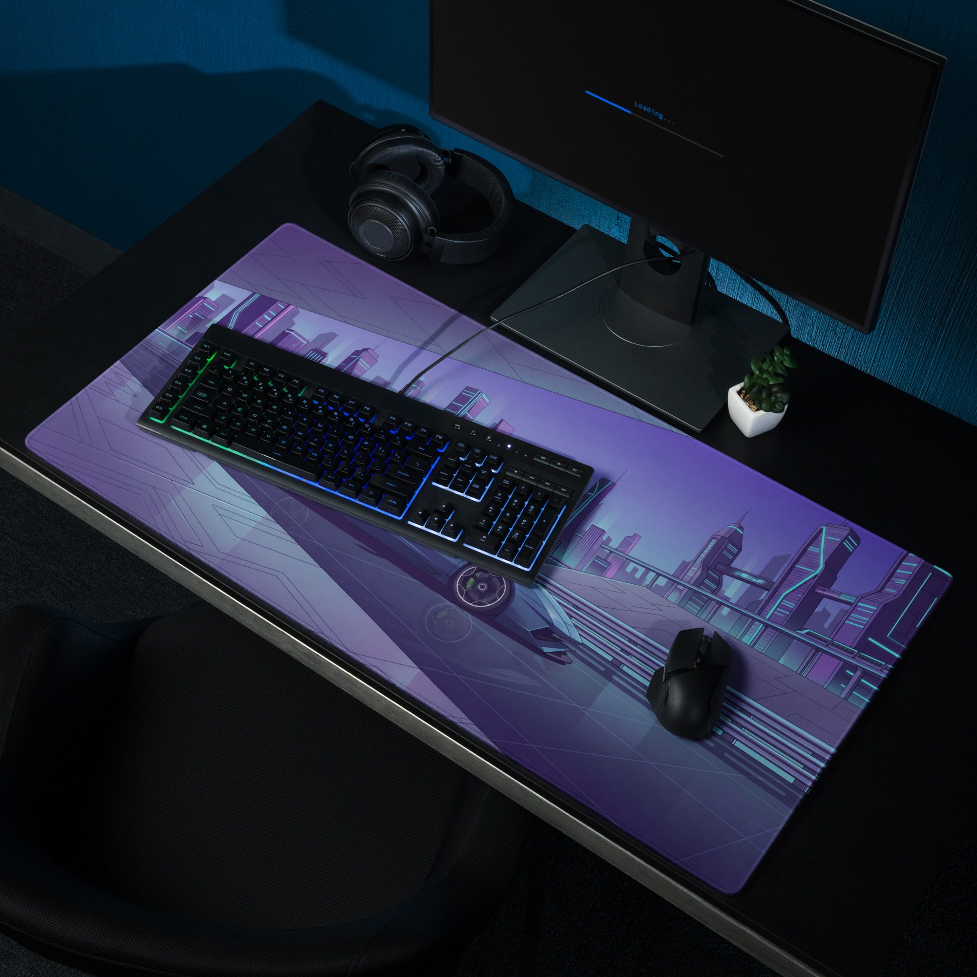 Lamborghini Aventador Inspired Gunmetal Purple Vaporwave Gaming Mouse Pad – Neon Futuristic City Desk Mat, Sleek Cyber Supercar Digital Art