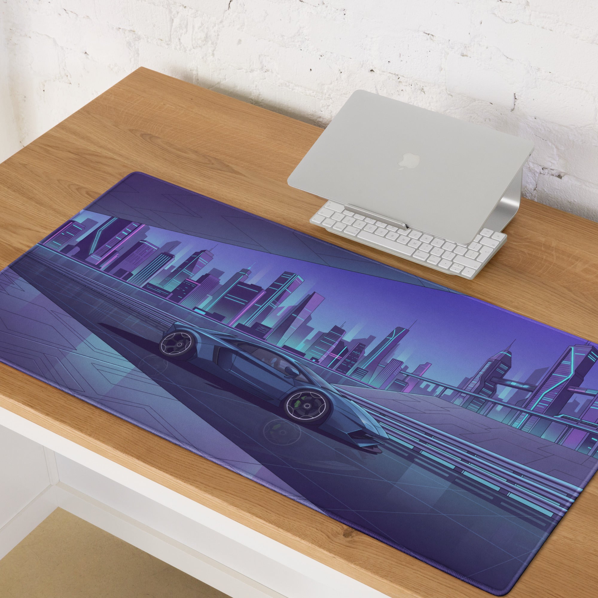 Lamborghini Aventador Inspired Gunmetal Purple Vaporwave Gaming Mouse Pad – Neon Futuristic City Desk Mat, Sleek Cyber Supercar Digital Art
