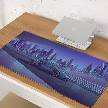 Lamborghini Aventador Inspired Gunmetal Purple Vaporwave Gaming Mouse Pad – Neon Futuristic City Desk Mat, Sleek Cyber Supercar Digital Art