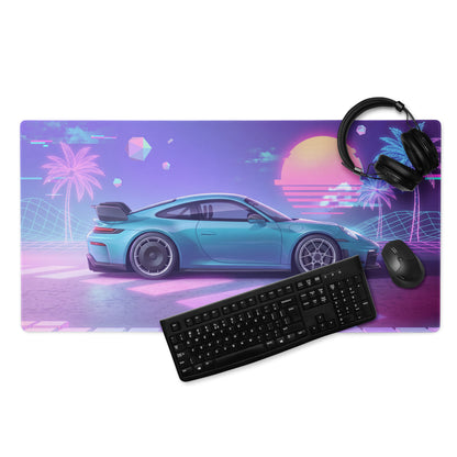 Porsche 911 GT3 RS Inspired Teal Purple Vaporwave Gaming Mouse Pad – Neon Sunset Grid Desk Mat, Retro Futuristic Synthwave Sports Car Art