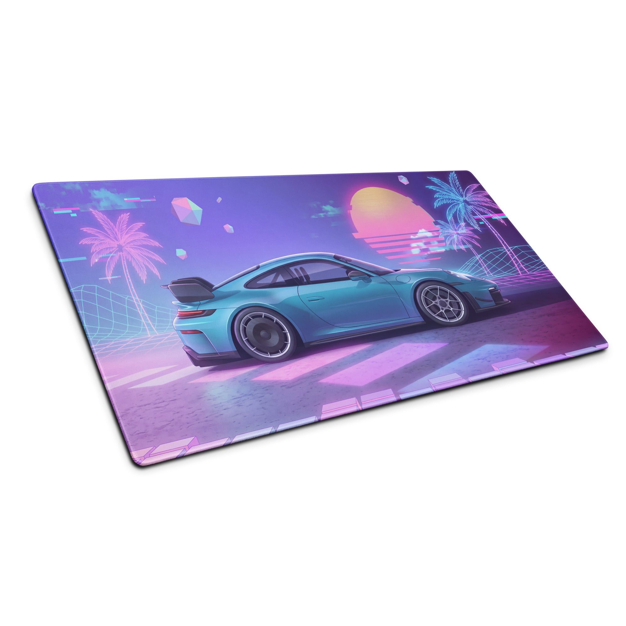 Porsche 911 GT3 RS Inspired Teal Purple Vaporwave Gaming Mouse Pad – Neon Sunset Grid Desk Mat, Retro Futuristic Synthwave Sports Car Art
