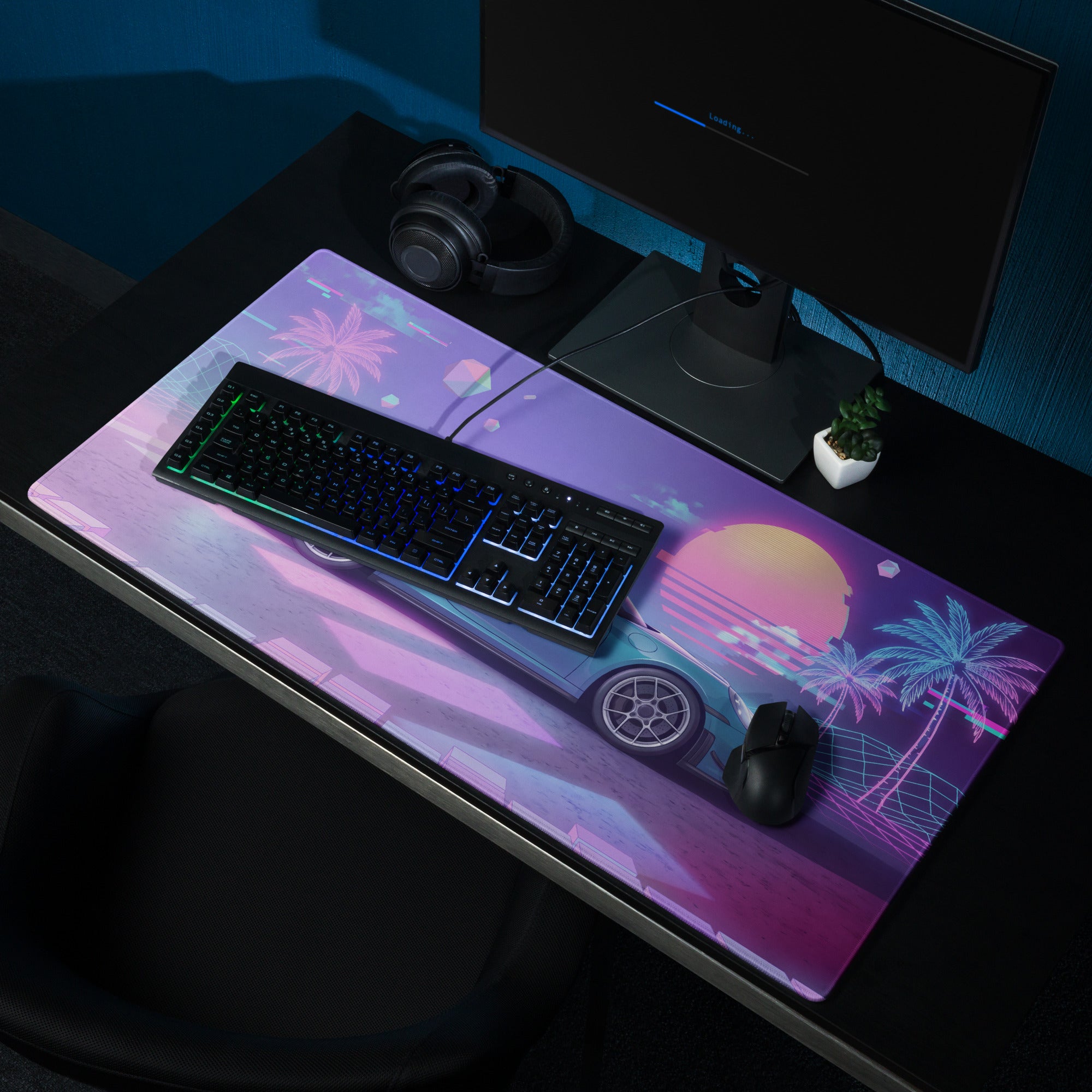 Porsche 911 GT3 RS Inspired Teal Purple Vaporwave Gaming Mouse Pad – Neon Sunset Grid Desk Mat, Retro Futuristic Synthwave Sports Car Art