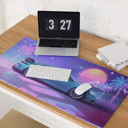 Porsche 911 GT3 RS Inspired Teal Purple Vaporwave Gaming Mouse Pad – Neon Sunset Grid Desk Mat, Retro Futuristic Synthwave Sports Car Art