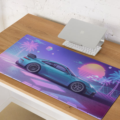 Porsche 911 GT3 RS Inspired Teal Purple Vaporwave Gaming Mouse Pad – Neon Sunset Grid Desk Mat, Retro Futuristic Synthwave Sports Car Art