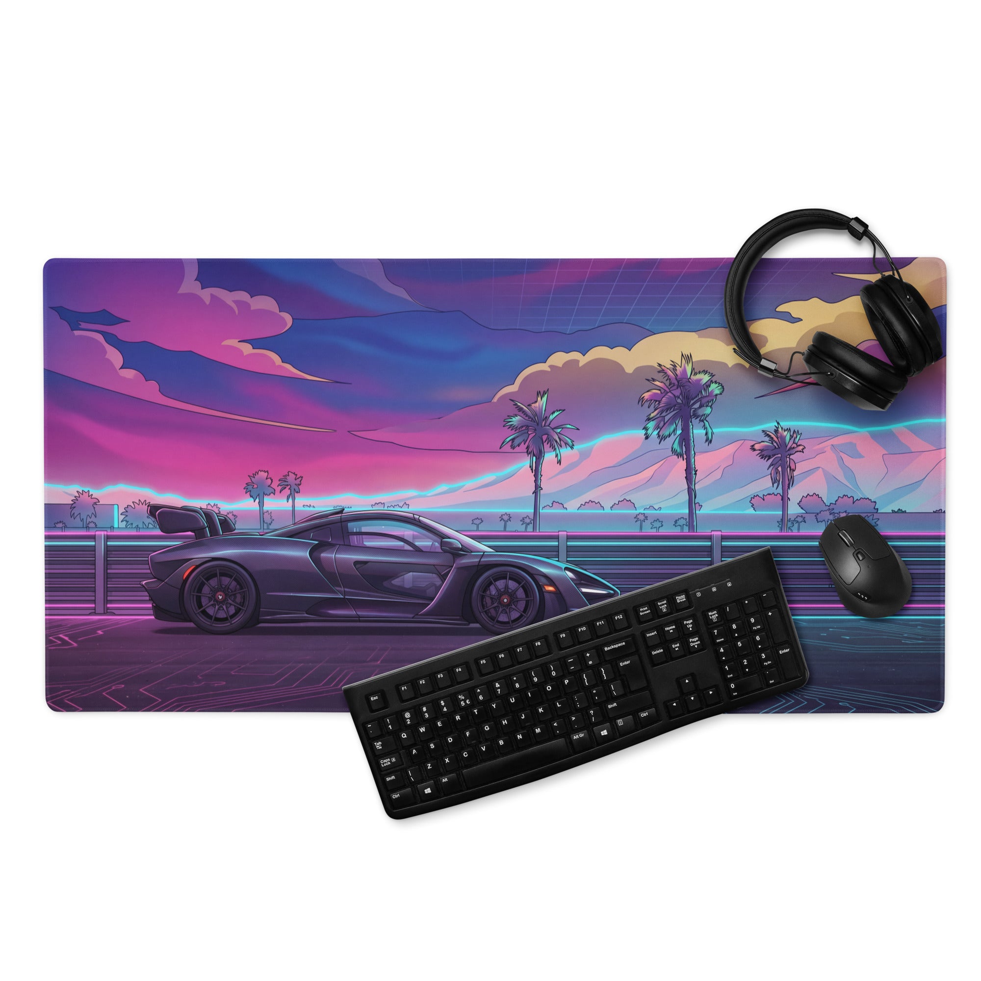 McLaren Senna Inspired Black Purple Vaporwave Gaming Mouse Pad – Neon Palm Highway Desk Mat, Retro Futuristic Cyber Racing Digital Car Art