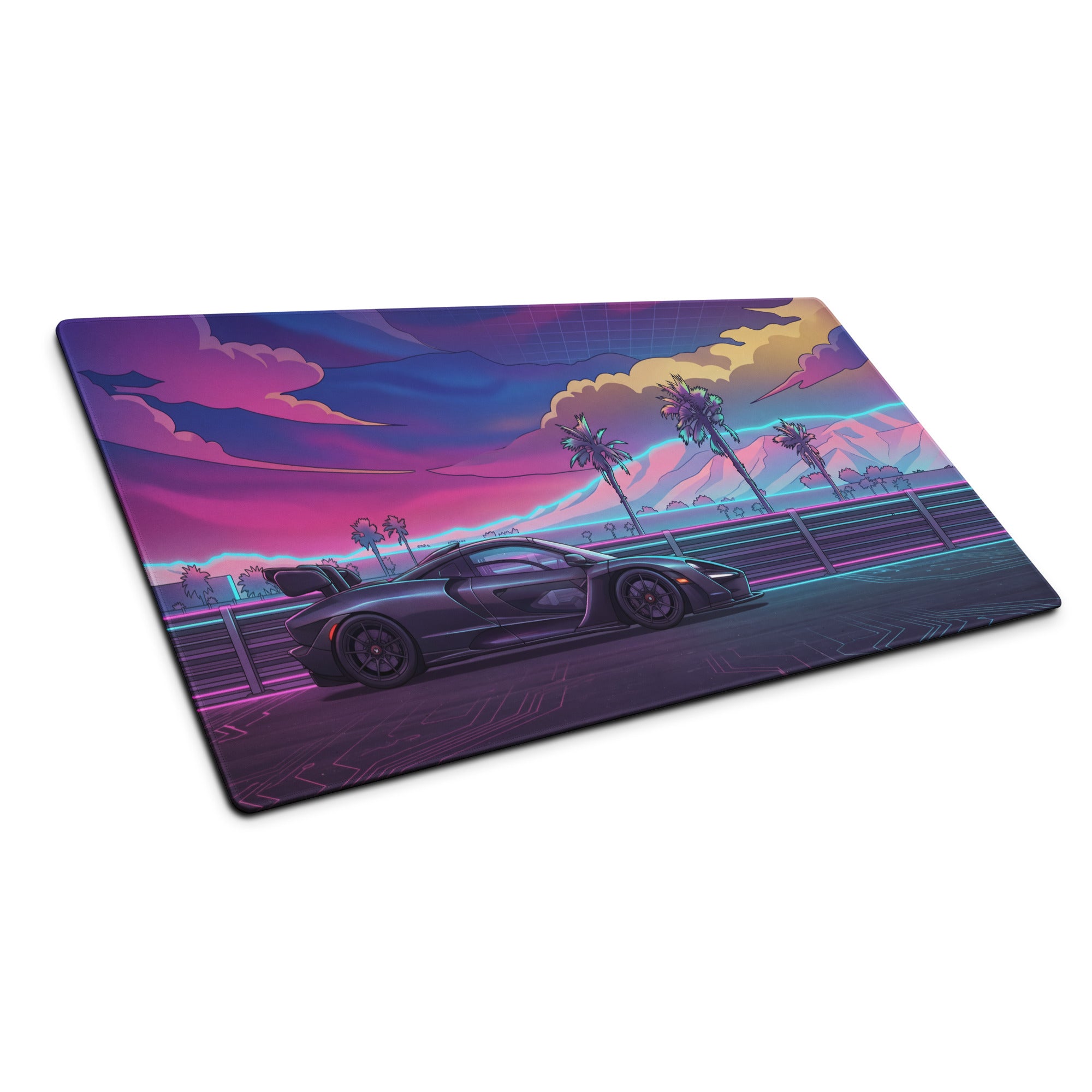 McLaren Senna Inspired Black Purple Vaporwave Gaming Mouse Pad – Neon Palm Highway Desk Mat, Retro Futuristic Cyber Racing Digital Car Art