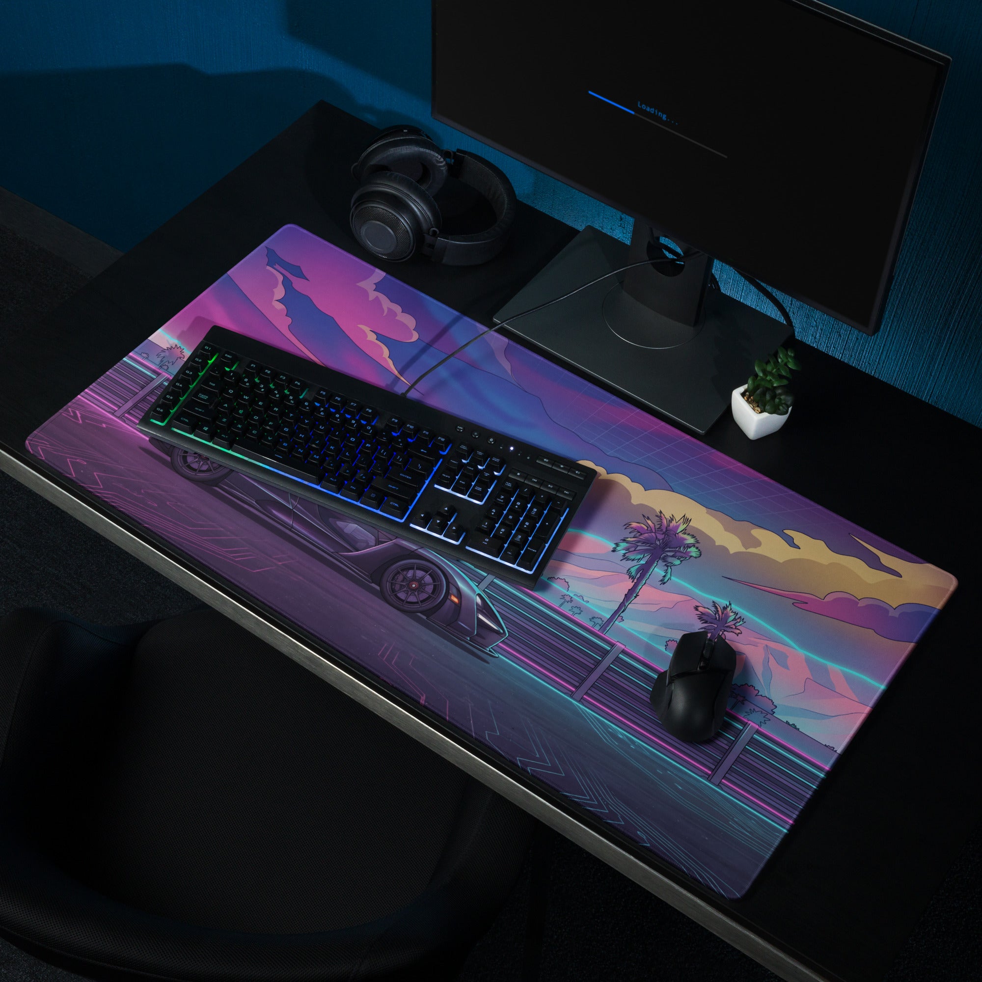 McLaren Senna Inspired Black Purple Vaporwave Gaming Mouse Pad – Neon Palm Highway Desk Mat, Retro Futuristic Cyber Racing Digital Car Art