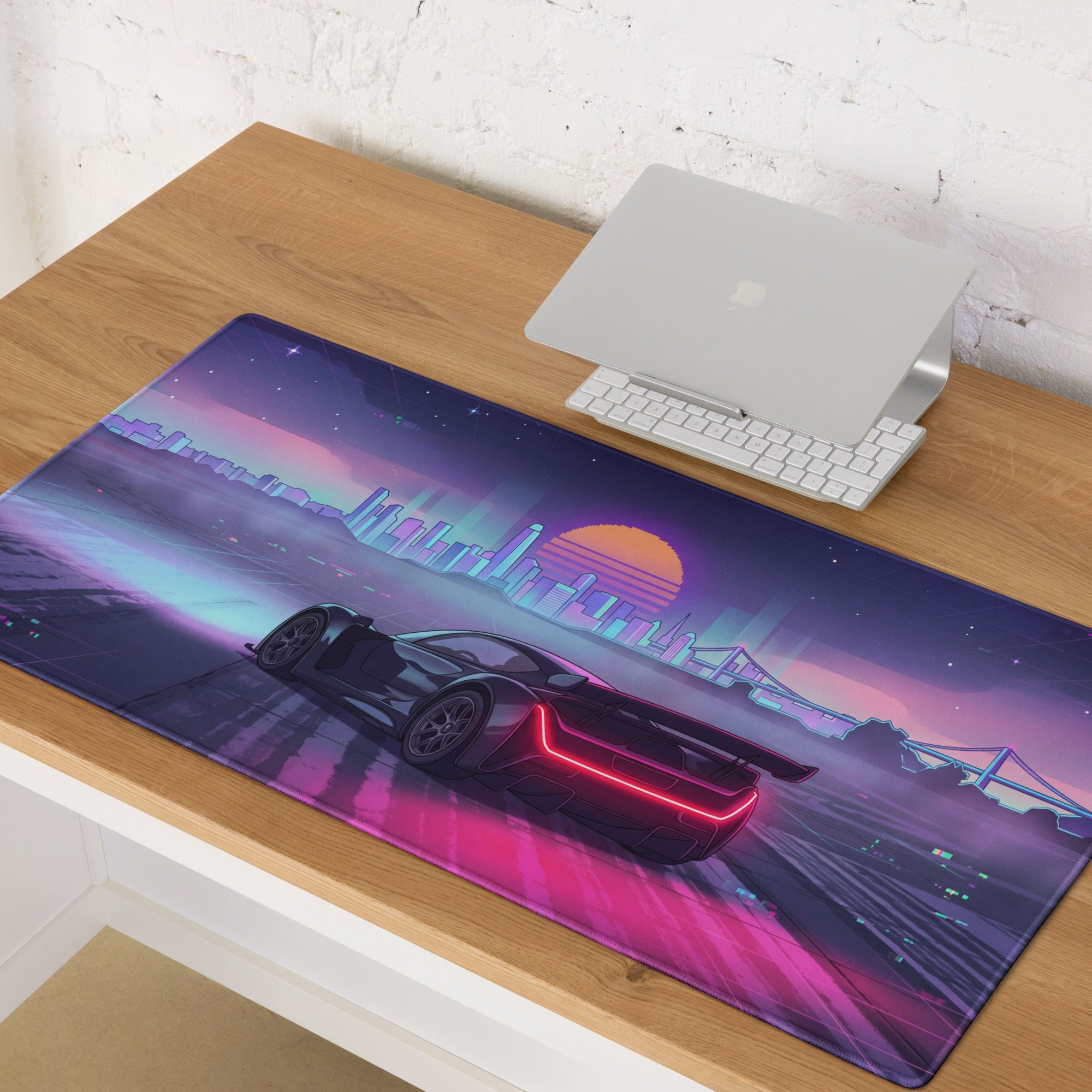 Czinger 21C Inspired Black Pink Vaporwave Gaming Mouse Pad – Neon City Sunset Desk Mat, Retro Futuristic Cyber Racing Digital Hypercar Art