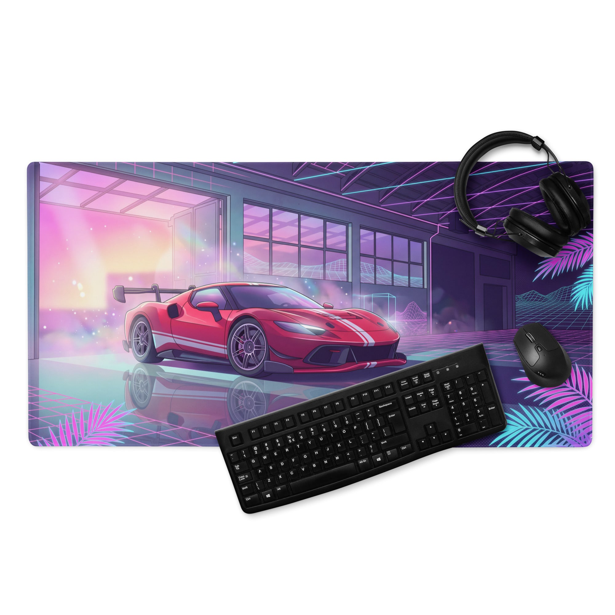 Ferrari 296 GTB GT3 Inspired Red Pink Vaporwave Gaming Mouse Pad – Neon Retro Garage Desk Mat, Futuristic Synthwave Race Car Digital Artwork