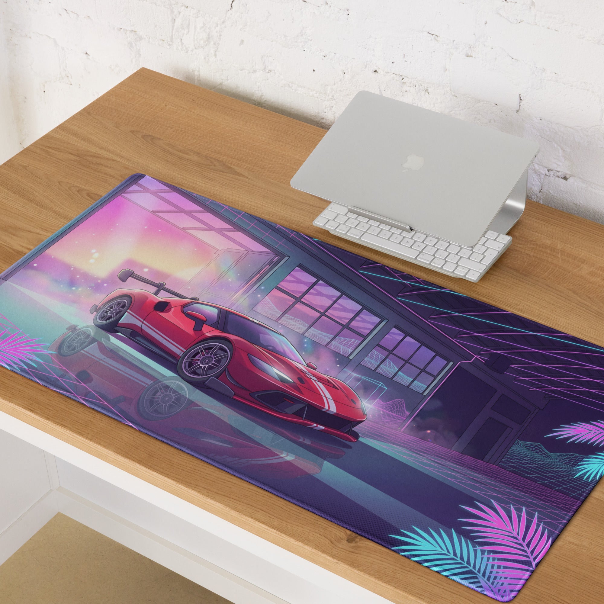 Ferrari 296 GTB GT3 Inspired Red Pink Vaporwave Gaming Mouse Pad – Neon Retro Garage Desk Mat, Futuristic Synthwave Race Car Digital Artwork