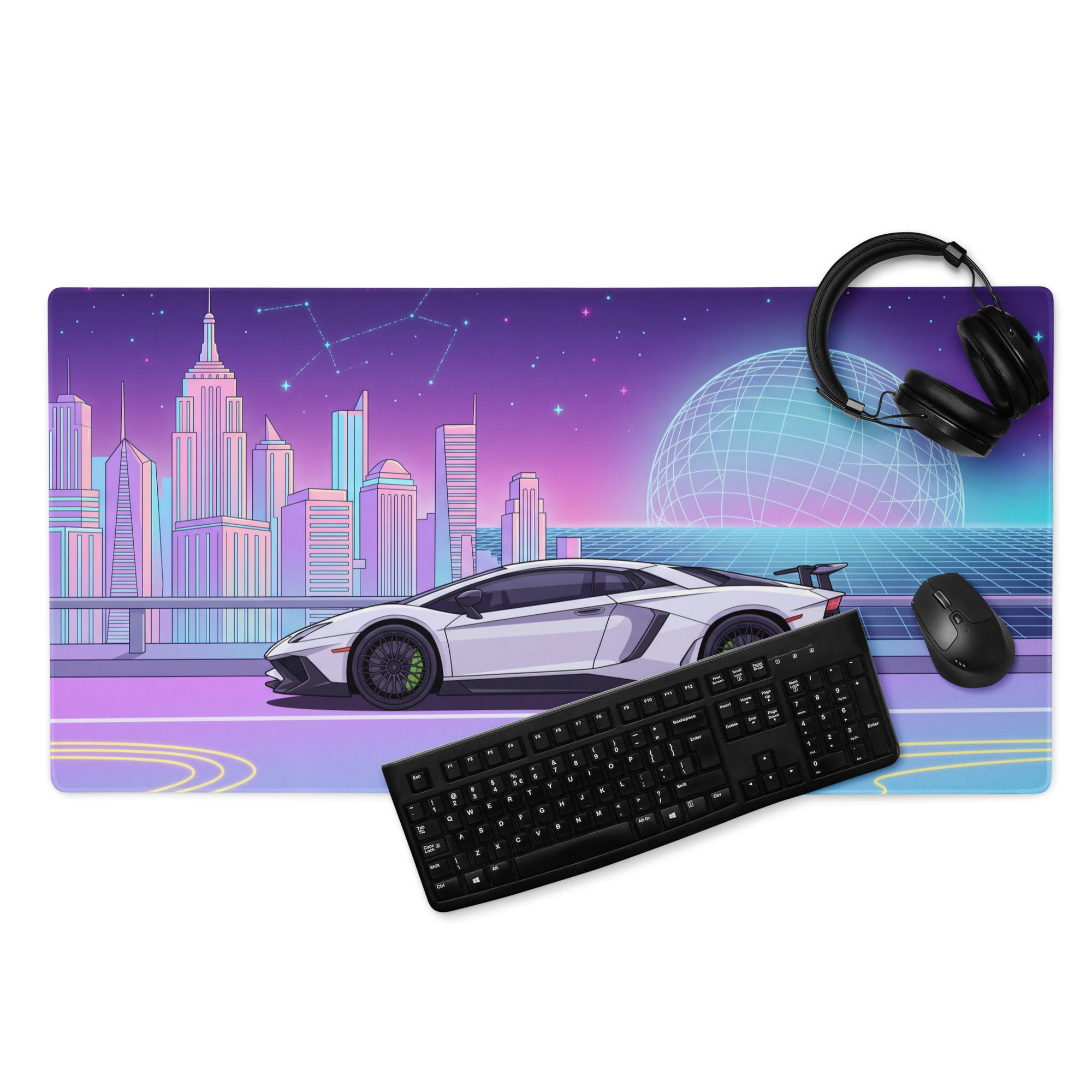 Lamborghini Aventador SVJ Inspired White Purple Vaporwave Gaming Mouse Pad – Neon Futuristic City Desk Mat, Retro Synthwave Supercar Digital Art