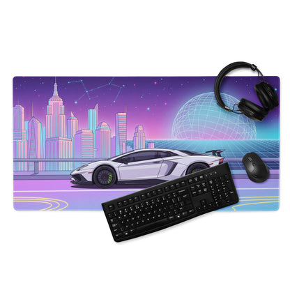 Lamborghini Aventador SVJ Inspired White Purple Vaporwave Gaming Mouse Pad – Neon Futuristic City Desk Mat, Retro Synthwave Supercar Digital Art
