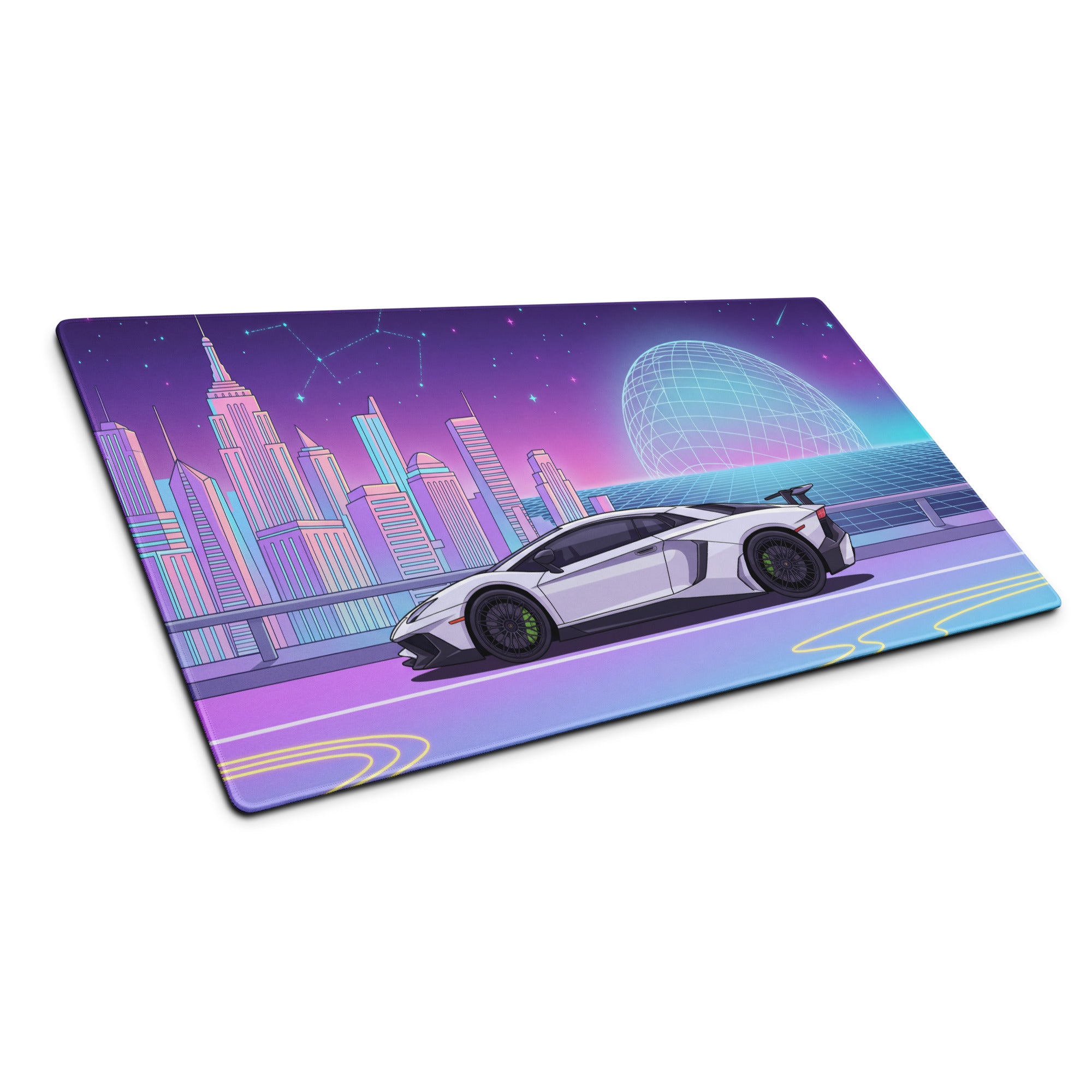 Lamborghini Aventador SVJ Inspired White Purple Vaporwave Gaming Mouse Pad – Neon Futuristic City Desk Mat, Retro Synthwave Supercar Digital Art