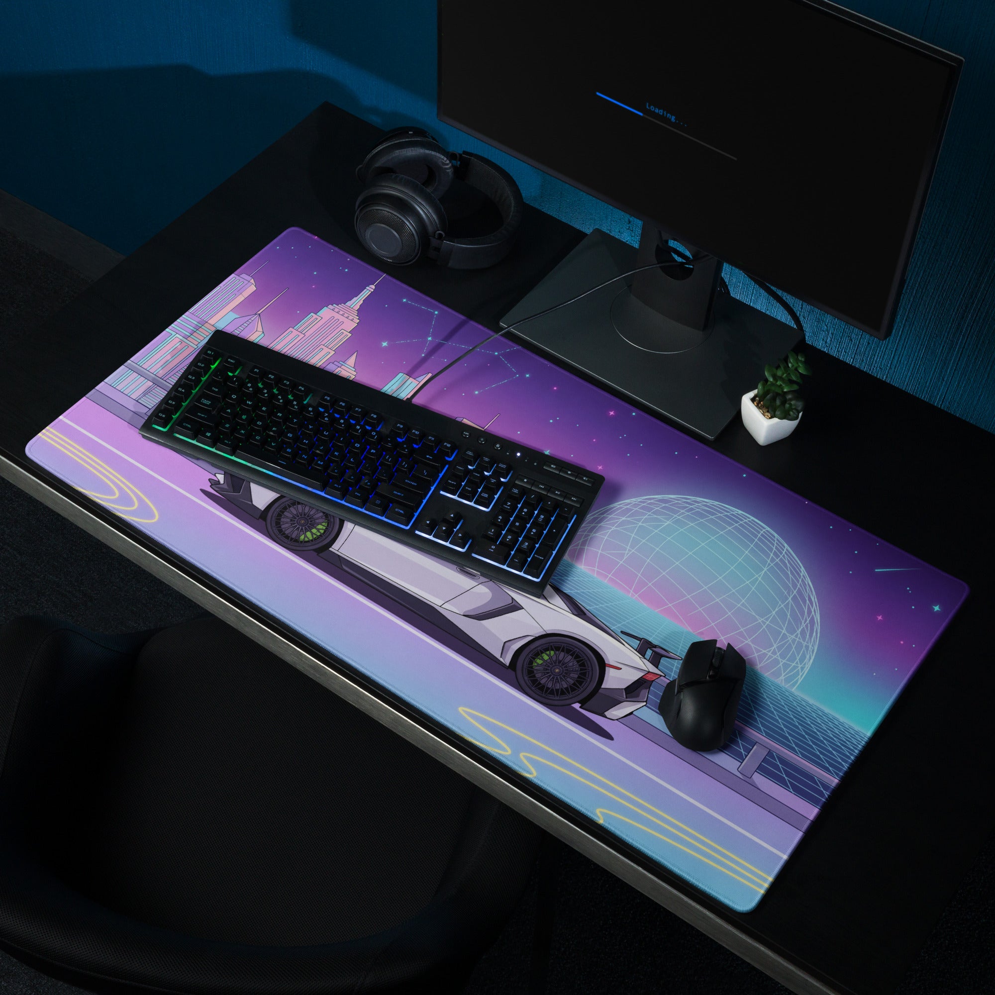Lamborghini Aventador SVJ Inspired White Purple Vaporwave Gaming Mouse Pad – Neon Futuristic City Desk Mat, Retro Synthwave Supercar Digital Art
