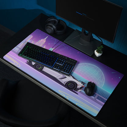 Lamborghini Aventador SVJ Inspired White Purple Vaporwave Gaming Mouse Pad – Neon Futuristic City Desk Mat, Retro Synthwave Supercar Digital Art