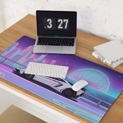 Lamborghini Aventador SVJ Inspired White Purple Vaporwave Gaming Mouse Pad – Neon Futuristic City Desk Mat, Retro Synthwave Supercar Digital Art