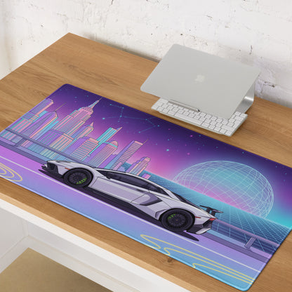 Lamborghini Aventador SVJ Inspired White Purple Vaporwave Gaming Mouse Pad – Neon Futuristic City Desk Mat, Retro Synthwave Supercar Digital Art
