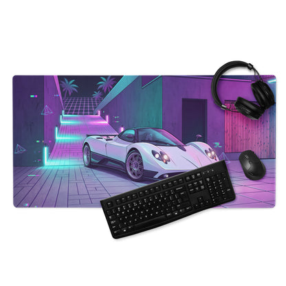 Pagani Zonda Inspired White Purple Vaporwave Gaming Mouse Pad – Neon Cyber Garage Desk Mat, Retro Futuristic Italian Supercar Digital Art
