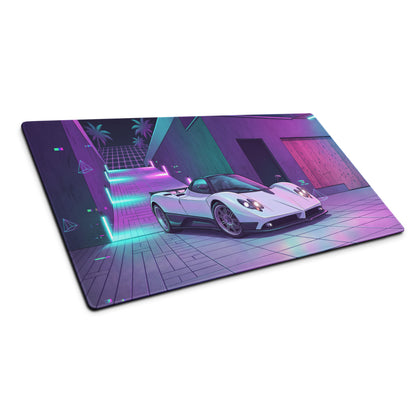Pagani Zonda Inspired White Purple Vaporwave Gaming Mouse Pad – Neon Cyber Garage Desk Mat, Retro Futuristic Italian Supercar Digital Art