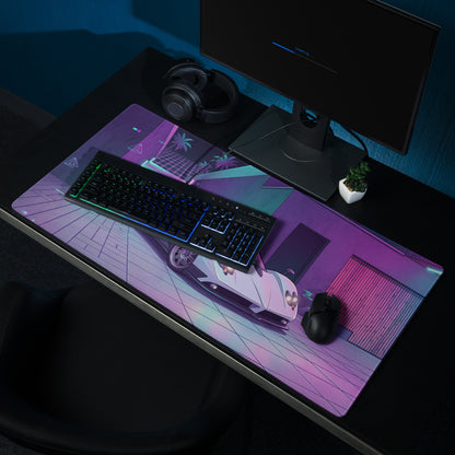Pagani Zonda Inspired White Purple Vaporwave Gaming Mouse Pad – Neon Cyber Garage Desk Mat, Retro Futuristic Italian Supercar Digital Art
