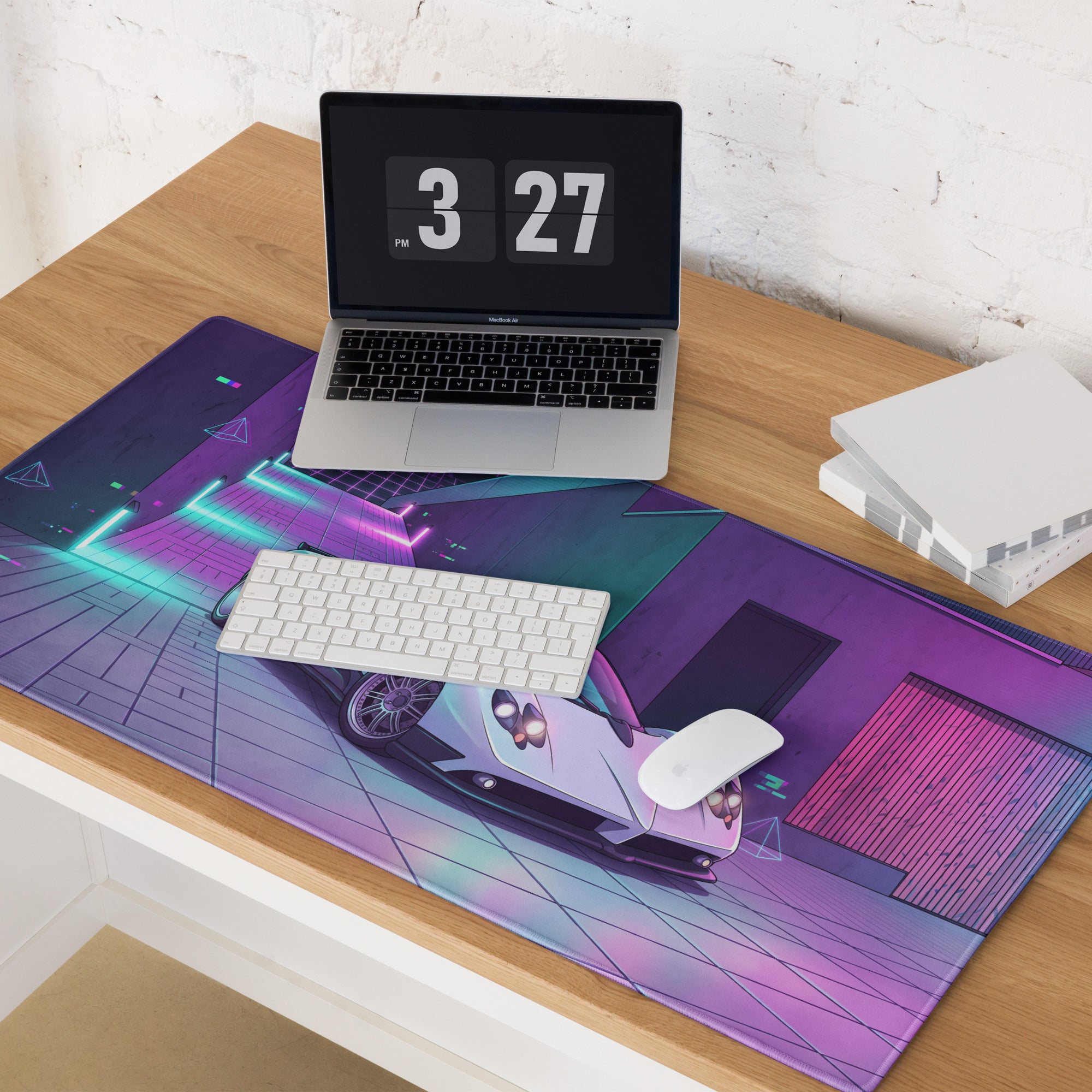 Pagani Zonda Inspired White Purple Vaporwave Gaming Mouse Pad – Neon Cyber Garage Desk Mat, Retro Futuristic Italian Supercar Digital Art