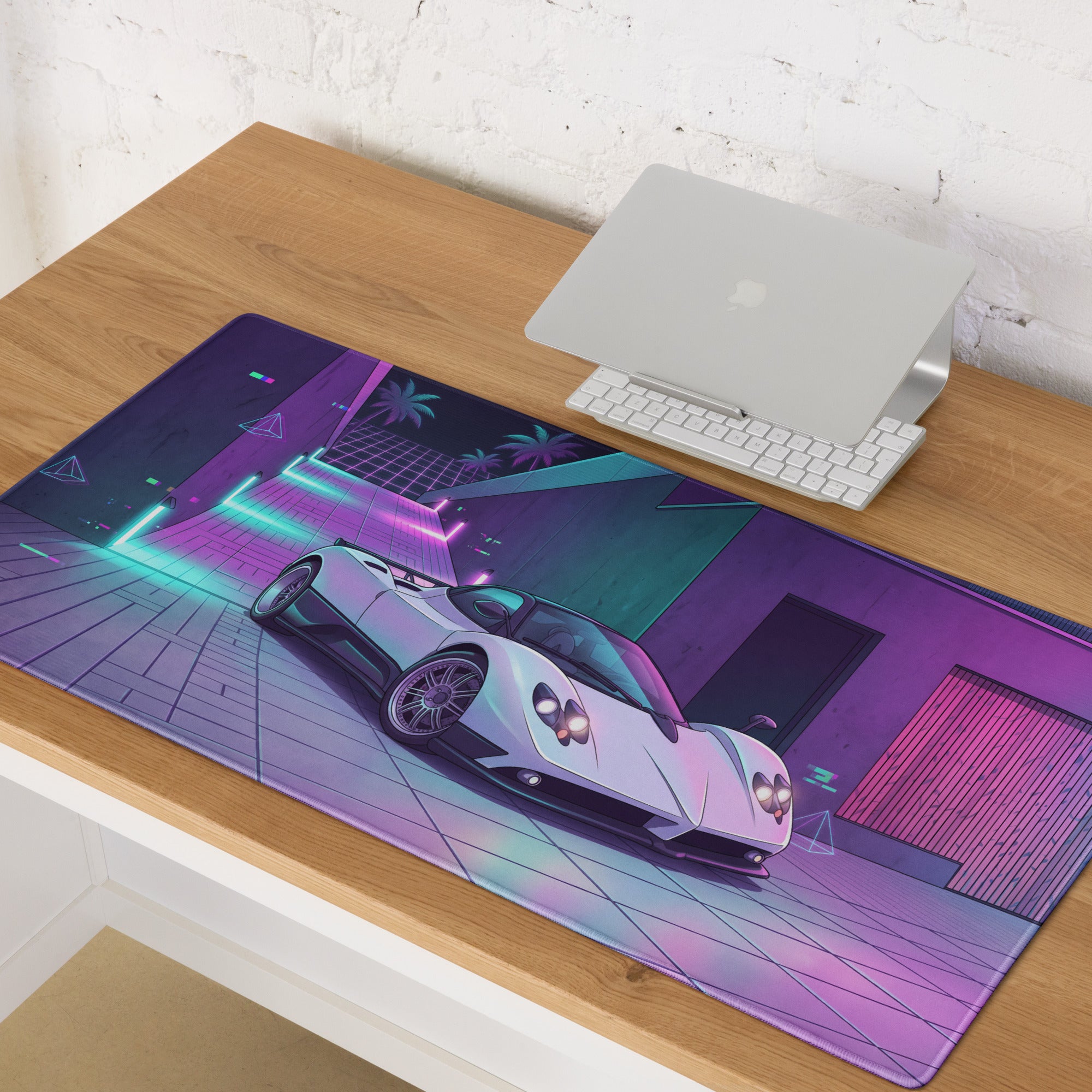 Pagani Zonda Inspired White Purple Vaporwave Gaming Mouse Pad – Neon Cyber Garage Desk Mat, Retro Futuristic Italian Supercar Digital Art
