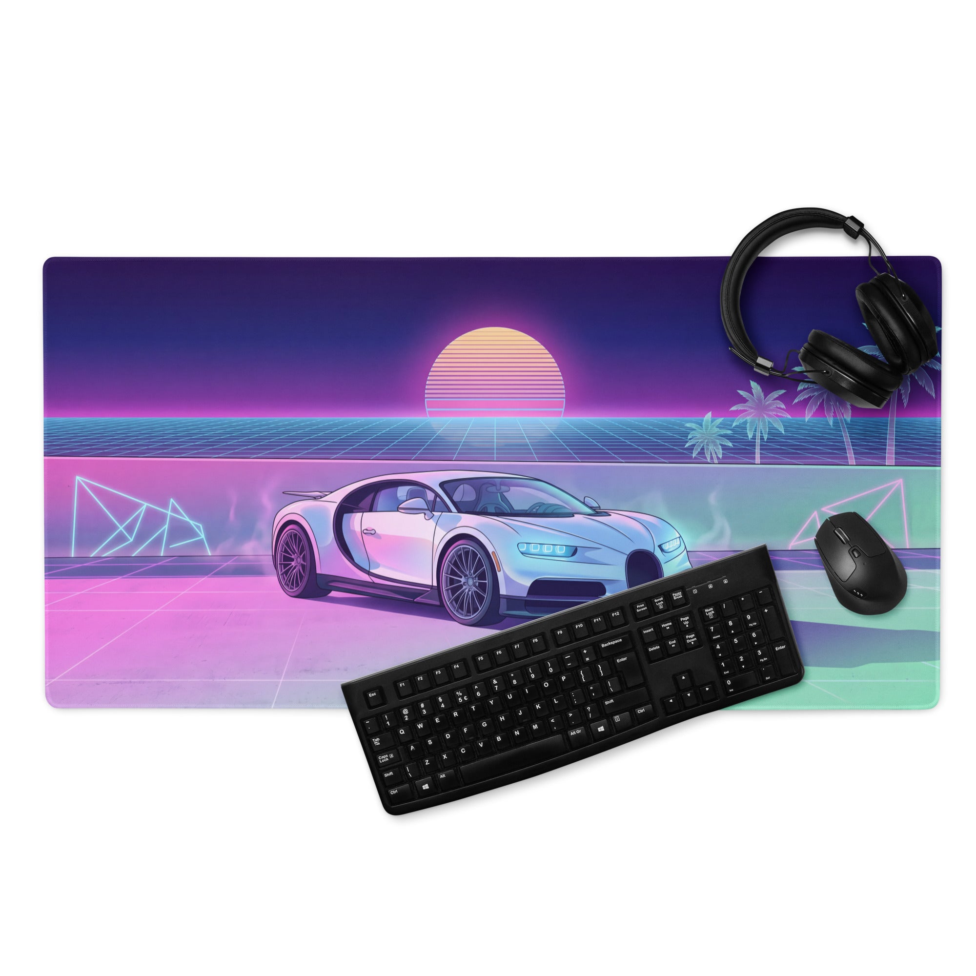 Bugatti Chiron Inspired White Pink Vaporwave Gaming Mouse Pad – Neon Sunset Grid Desk Mat, Retro Futuristic Luxury Hypercar Digital Artwork