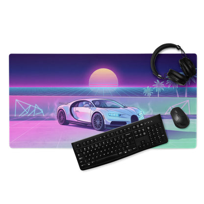 Bugatti Chiron Inspired White Pink Vaporwave Gaming Mouse Pad – Neon Sunset Grid Desk Mat, Retro Futuristic Luxury Hypercar Digital Artwork