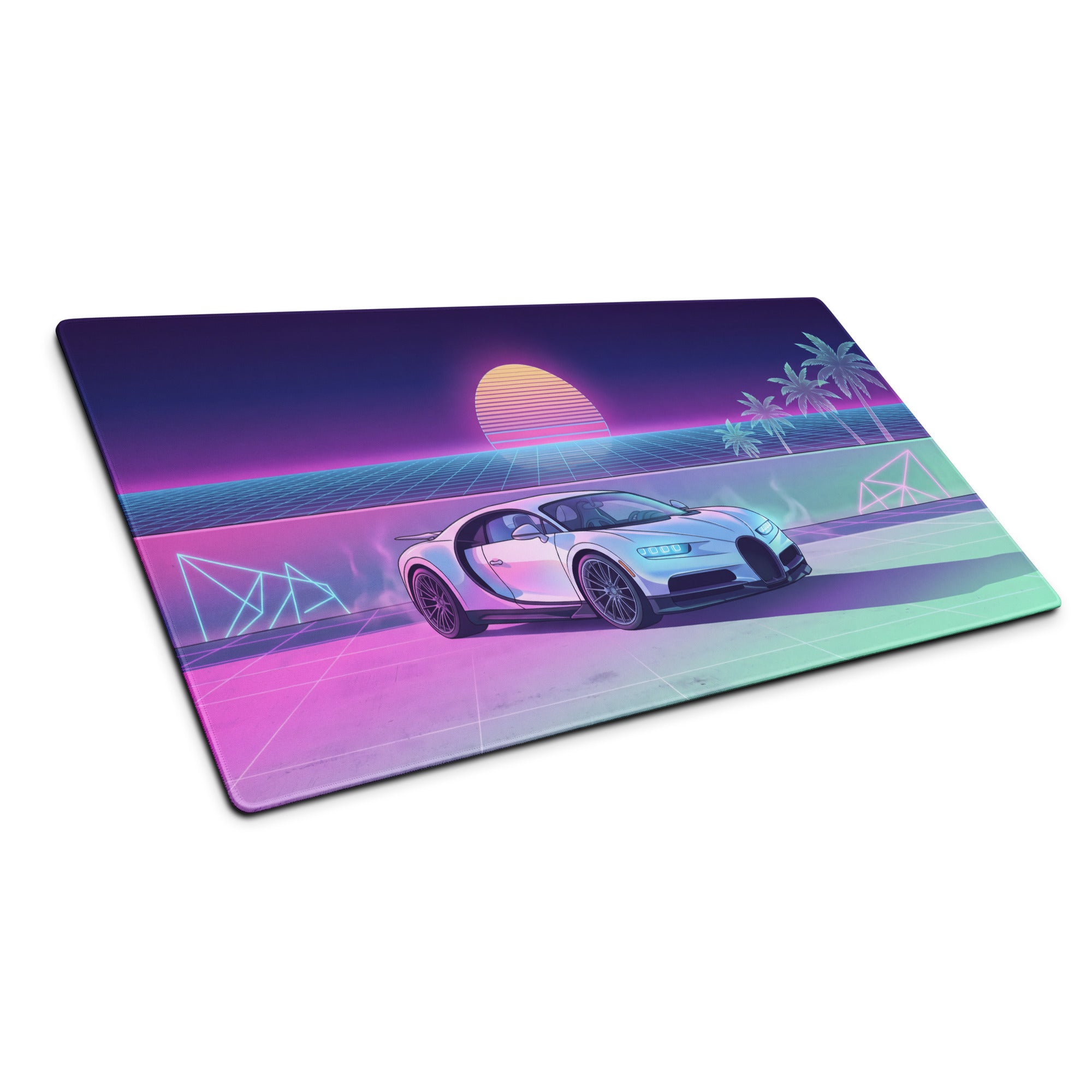 Bugatti Chiron Inspired White Pink Vaporwave Gaming Mouse Pad – Neon Sunset Grid Desk Mat, Retro Futuristic Luxury Hypercar Digital Artwork
