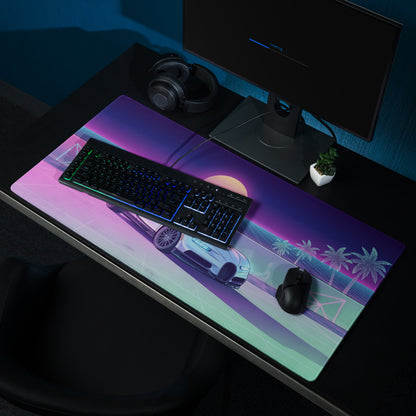 Bugatti Chiron Inspired White Pink Vaporwave Gaming Mouse Pad – Neon Sunset Grid Desk Mat, Retro Futuristic Luxury Hypercar Digital Artwork