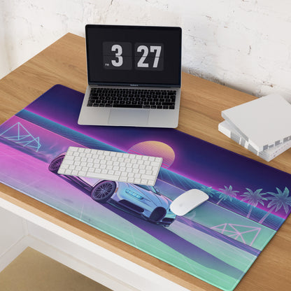 Bugatti Chiron Inspired White Pink Vaporwave Gaming Mouse Pad – Neon Sunset Grid Desk Mat, Retro Futuristic Luxury Hypercar Digital Artwork