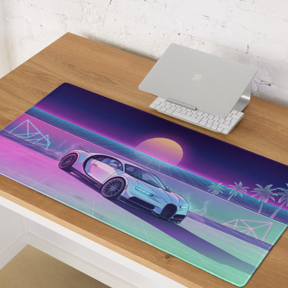 Bugatti Chiron Inspired White Pink Vaporwave Gaming Mouse Pad – Neon Sunset Grid Desk Mat, Retro Futuristic Luxury Hypercar Digital Artwork
