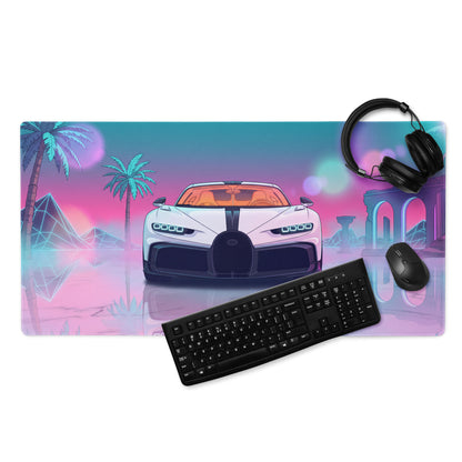 Bugatti Chiron Super Sport Inspired White Pink Vaporwave Gaming Mouse Pad – Neon Tropical Ruins Desk Mat, Retro Futuristic Hypercar Digital Art
