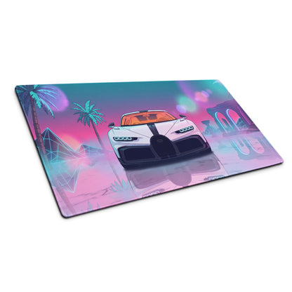 Bugatti Chiron Super Sport Inspired White Pink Vaporwave Gaming Mouse Pad – Neon Tropical Ruins Desk Mat, Retro Futuristic Hypercar Digital Art