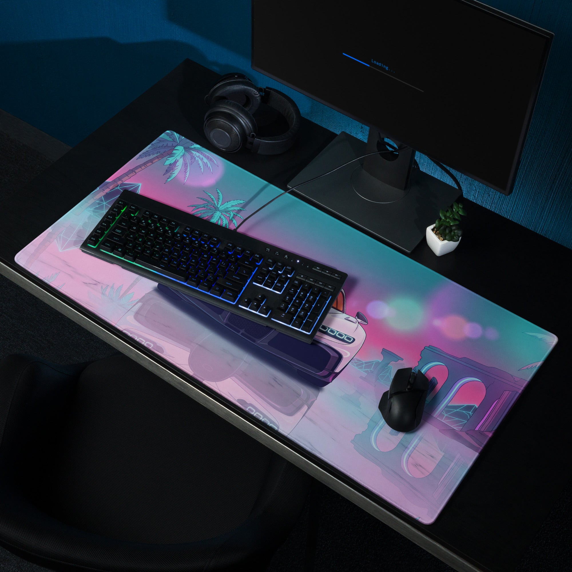 Bugatti Chiron Super Sport Inspired White Pink Vaporwave Gaming Mouse Pad – Neon Tropical Ruins Desk Mat, Retro Futuristic Hypercar Digital Art