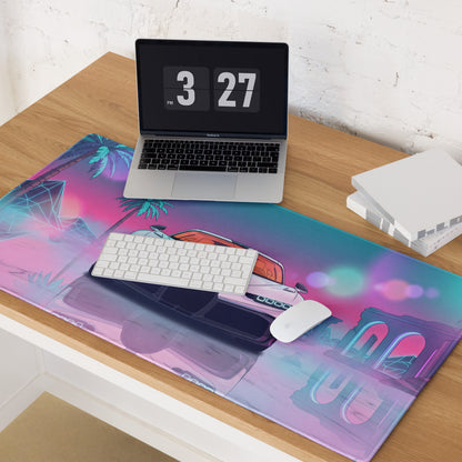 Bugatti Chiron Super Sport Inspired White Pink Vaporwave Gaming Mouse Pad – Neon Tropical Ruins Desk Mat, Retro Futuristic Hypercar Digital Art