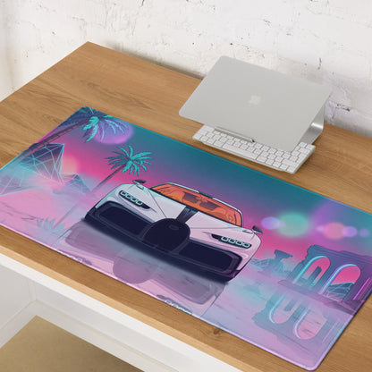 Bugatti Chiron Super Sport Inspired White Pink Vaporwave Gaming Mouse Pad – Neon Tropical Ruins Desk Mat, Retro Futuristic Hypercar Digital Art