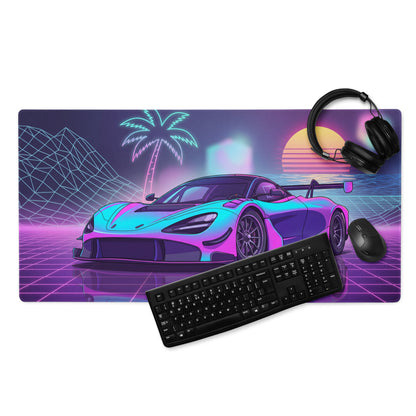 McLaren 720S GT3 Inspired Cyan Pink Vaporwave Gaming Mouse Pad – Neon Sunset Grid Desk Mat, Retro Futuristic Race Car Digital Artwork