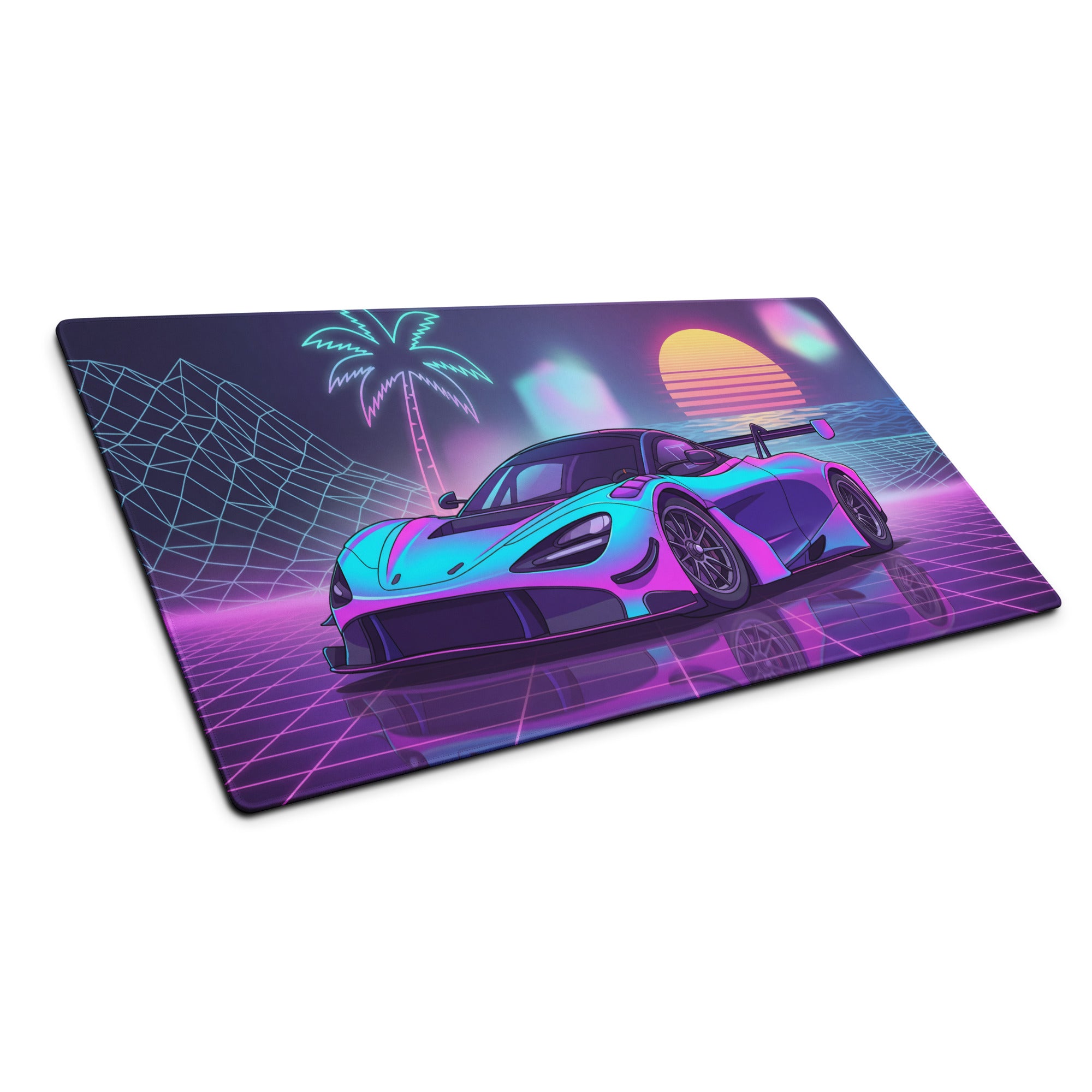 McLaren 720S GT3 Inspired Cyan Pink Vaporwave Gaming Mouse Pad – Neon Sunset Grid Desk Mat, Retro Futuristic Race Car Digital Artwork