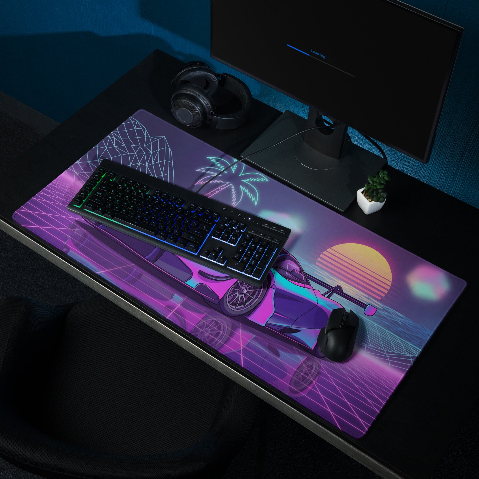 McLaren 720S GT3 Inspired Cyan Pink Vaporwave Gaming Mouse Pad – Neon Sunset Grid Desk Mat, Retro Futuristic Race Car Digital Artwork