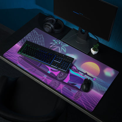 McLaren 720S GT3 Inspired Cyan Pink Vaporwave Gaming Mouse Pad – Neon Sunset Grid Desk Mat, Retro Futuristic Race Car Digital Artwork