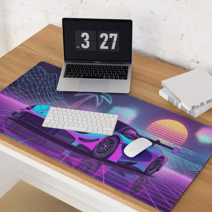 McLaren 720S GT3 Inspired Cyan Pink Vaporwave Gaming Mouse Pad – Neon Sunset Grid Desk Mat, Retro Futuristic Race Car Digital Artwork