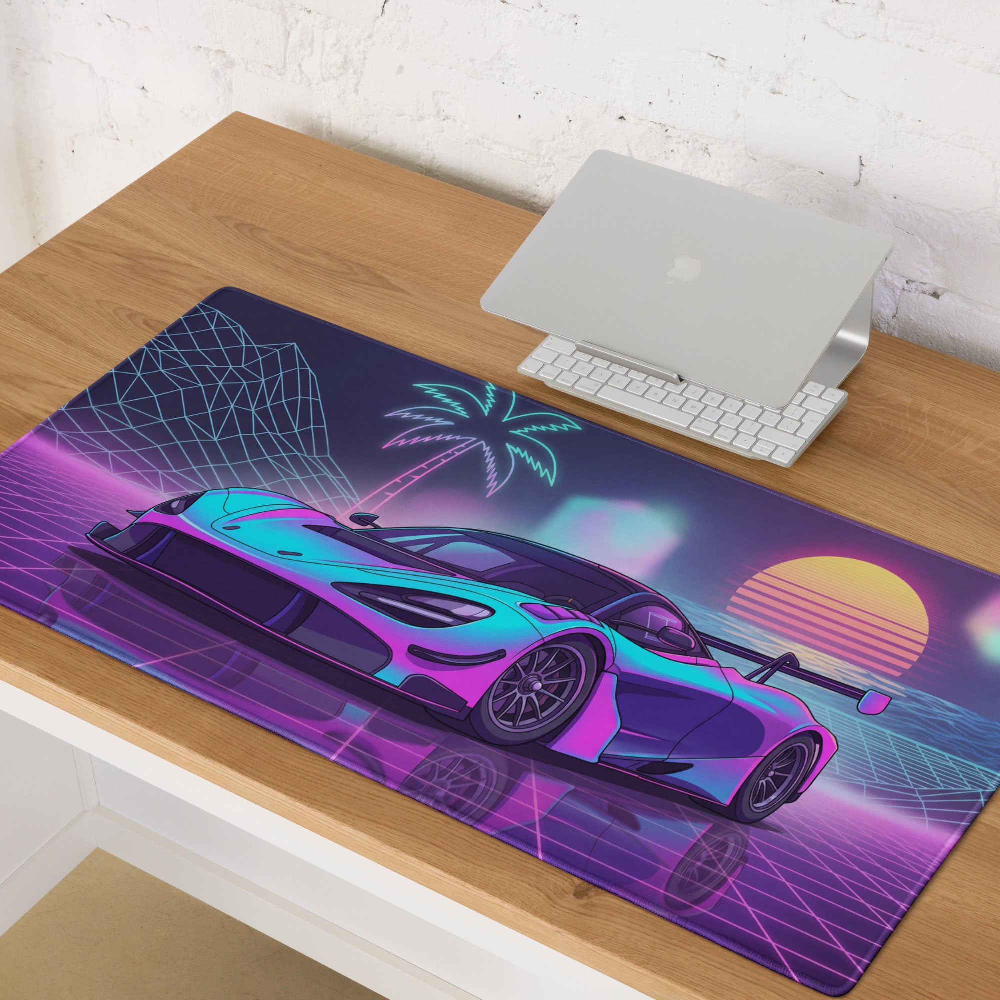 McLaren 720S GT3 Inspired Cyan Pink Vaporwave Gaming Mouse Pad – Neon Sunset Grid Desk Mat, Retro Futuristic Race Car Digital Artwork