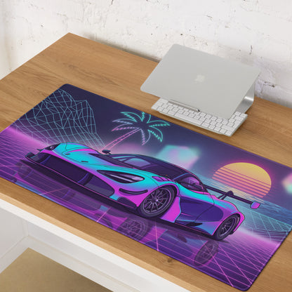 McLaren 720S GT3 Inspired Cyan Pink Vaporwave Gaming Mouse Pad – Neon Sunset Grid Desk Mat, Retro Futuristic Race Car Digital Artwork