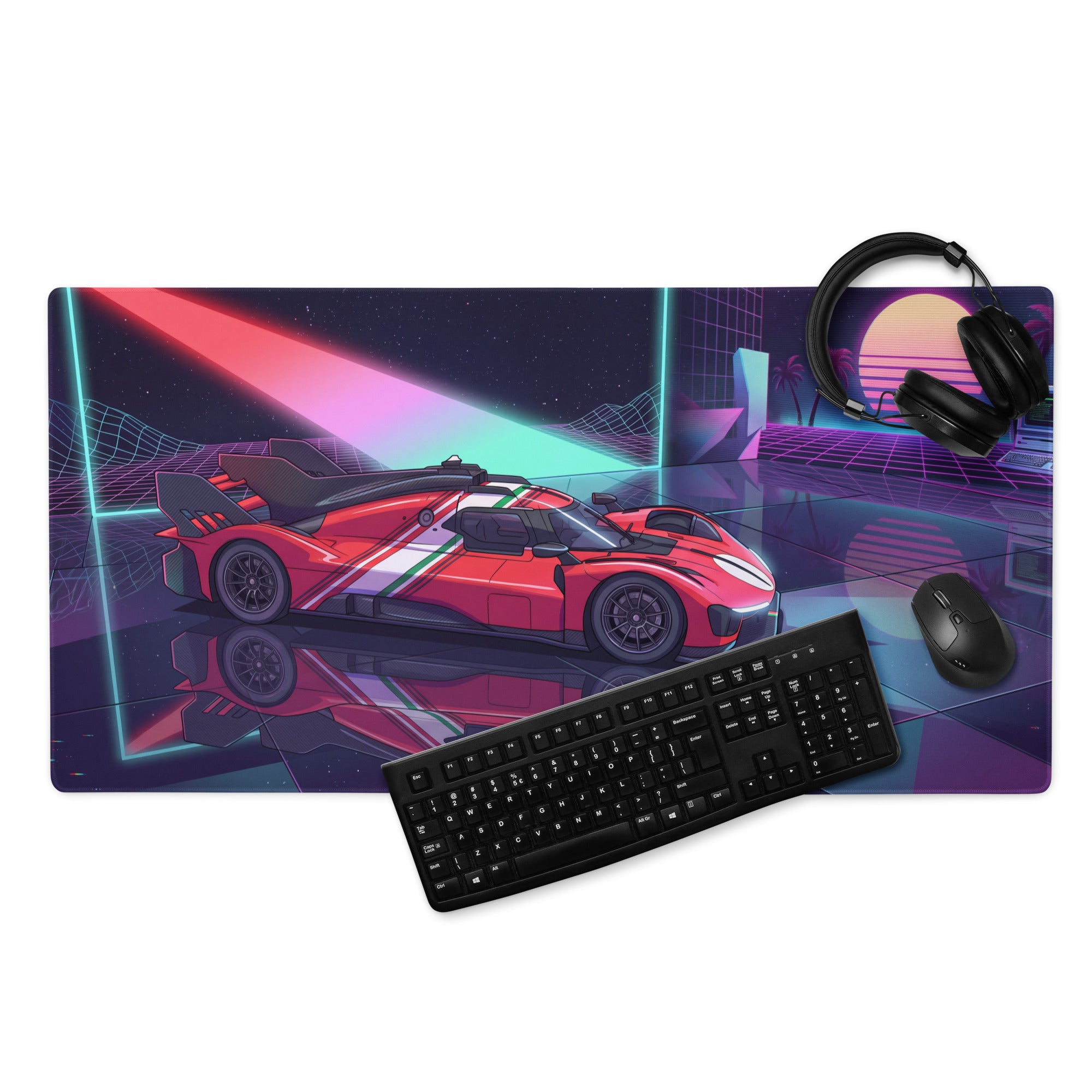 Ferrari 499P Inspired Red Purple Vaporwave Gaming Mouse Pad – Neon Retro Racing Garage Desk Mat, Futuristic Le Mans Hypercar Digital Artwork