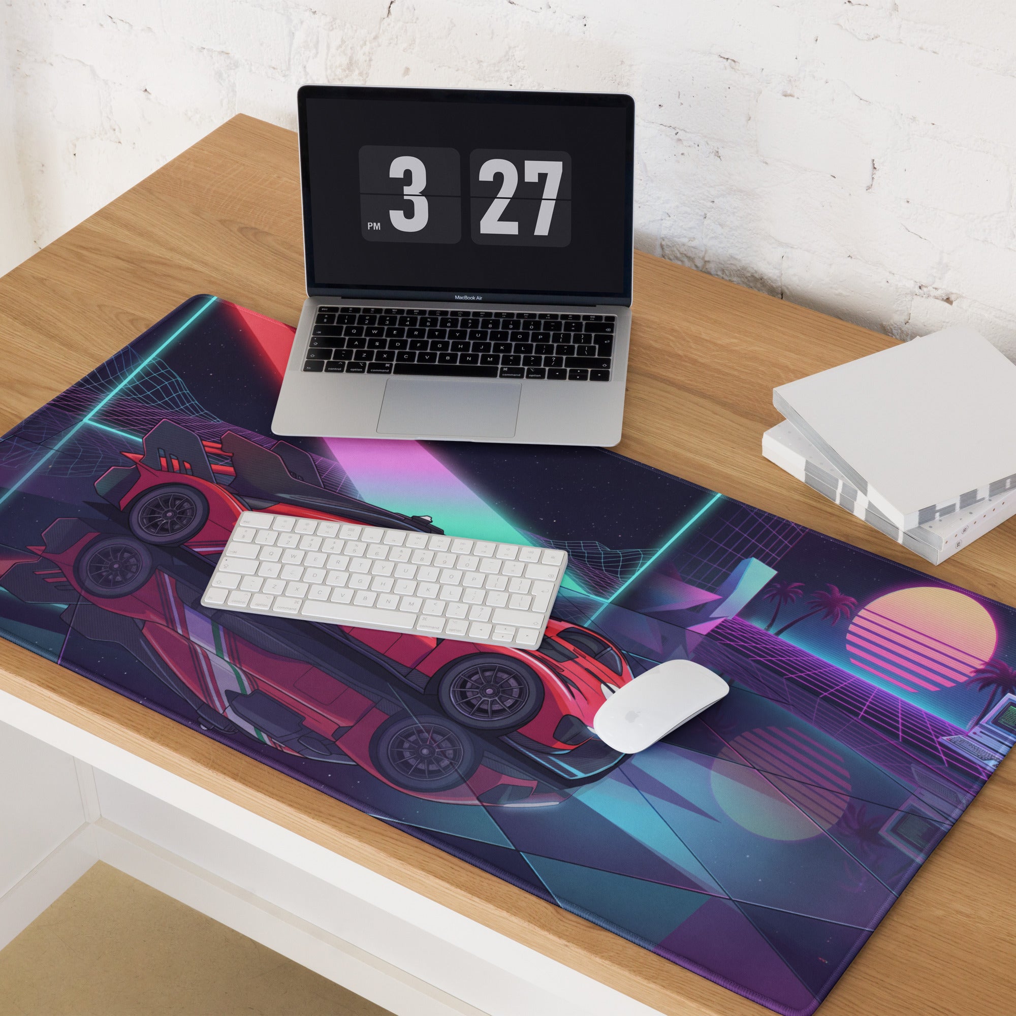 Ferrari 499P Inspired Red Purple Vaporwave Gaming Mouse Pad – Neon Retro Racing Garage Desk Mat, Futuristic Le Mans Hypercar Digital Artwork