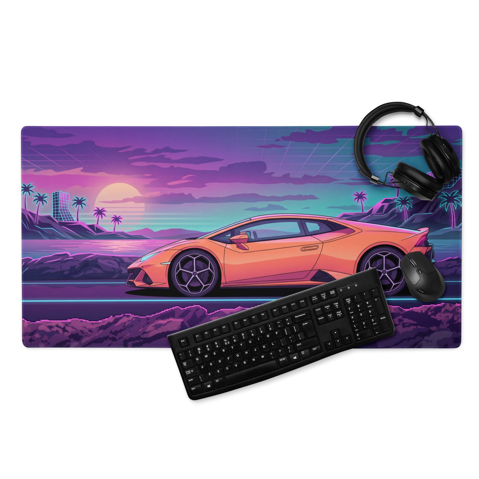 Lamborghini Huracán Inspired Orange Purple Vaporwave Gaming Mouse Pad – Neon Coastal Sunset Desk Mat, Retro Futuristic Supercar Digital Art